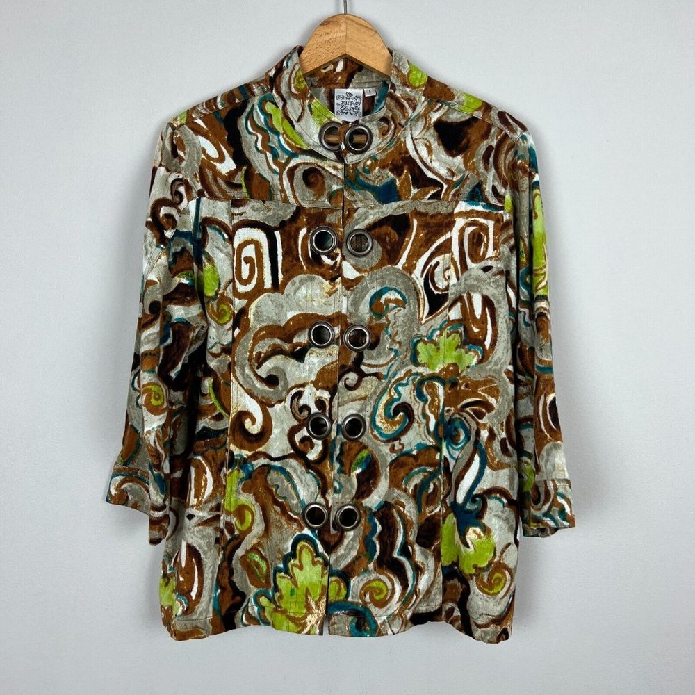 Parsley & Sage Jacket Womens Large Green Brown Abstract Grommets 3/4 Sleeve L‎